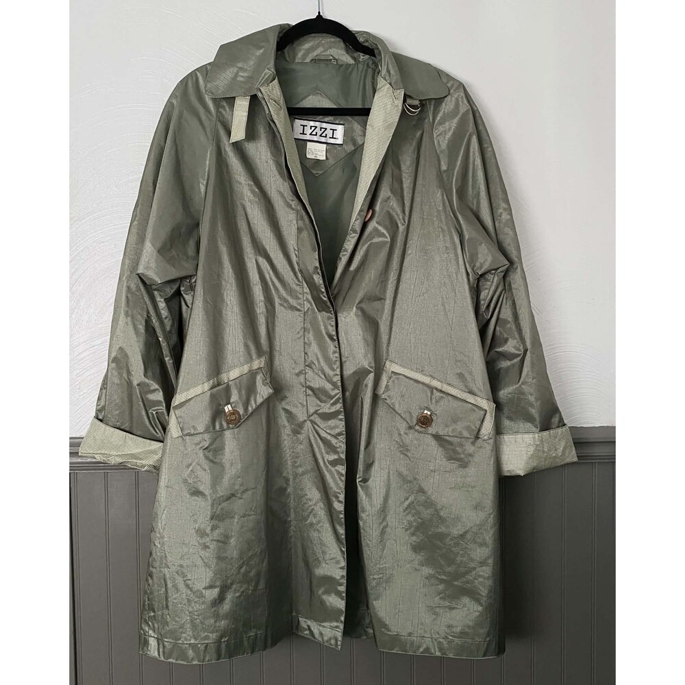 Vintage IZZI Metallic Olive Green Trench Coat Gingham Trim Button Long Coat